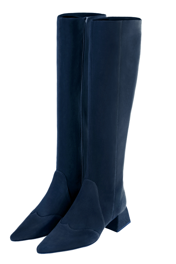 Custom-made women's navy blue elegant classic knee-high boots. Pointed toe. Low flare heels - Front view